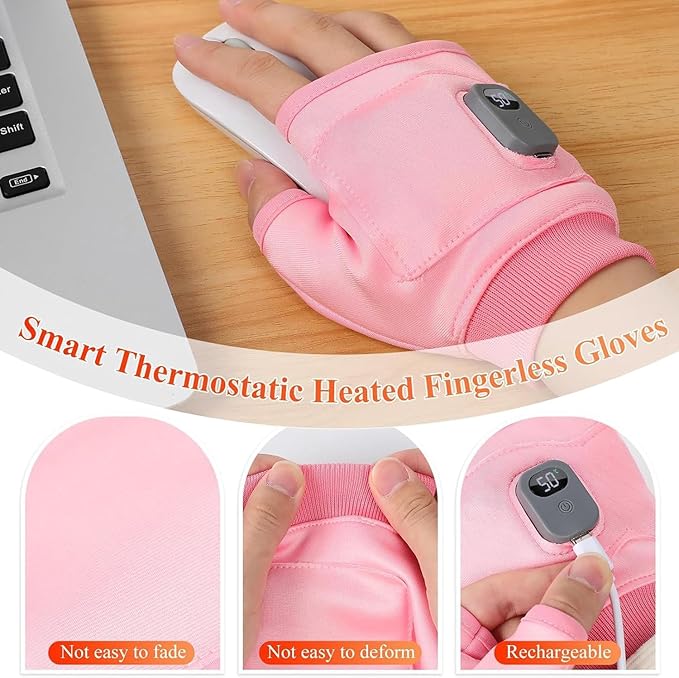 Portable Heating Gloves with Digital Display,Smart Thermostatic Heated Fingerless Gloves, 2026 New Rechargeable Fingerless Heated Gloves for Women Men