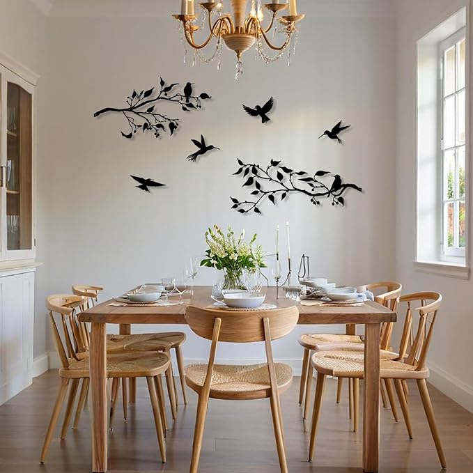 Harikikochuu 4PCS Metal Birds Wall Decor, Birds on the Branch Metal Silhouette Art, Black Leaves with Bird Outdoor Hanging Wall Sculpture for Home Office Balcony Garden Decor.（Hummingbirds）