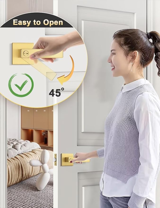 6 Pack Heavy Duty Gold Square Privacy Interior Door Levers, Satin Brass Finish, Bedroom and Bathroom Door Handles Keyless Bed/Bath Lockset