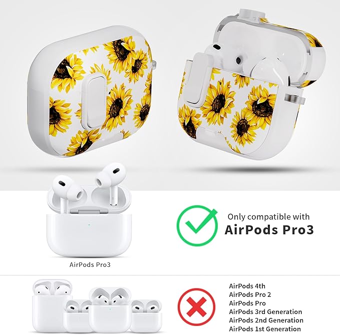 for AirPods Pro 3 Case(2025) with Secure Lock Clip and Phone Stand,Floral Girly Style Protective Cover with Cleaning Kit and Hand Strap for Apple AirPod Pro 3 Generation (White Sunflower)