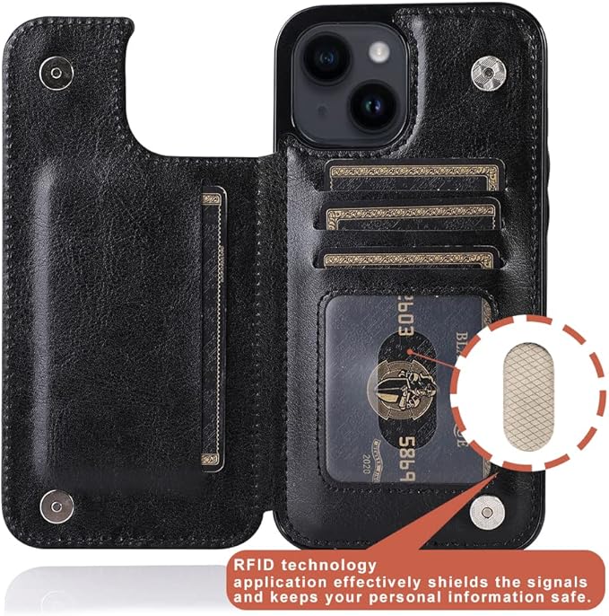 uCOLOR Compatible with iPhone 14/15 Plus 6.7" Wallet Case with Card Holder Slots Folio Flip PU Leather Kickstand Magnetic Clasp and RFID Blocking Cover (Black Leopard)