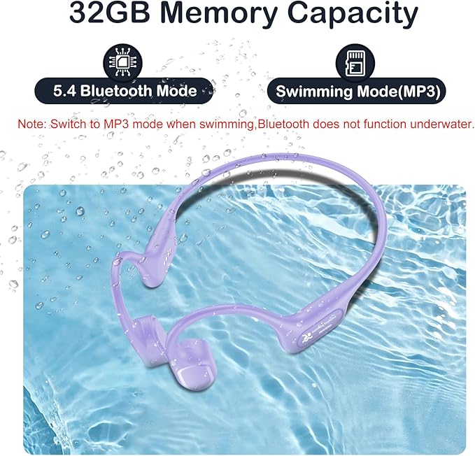 Bone Conduction Swimming Headphones, IP68 Waterproof Earbuds with 32GB MP3, Bluetooth 5.4 Open Ear Sport Earphones, Underwater Headphones for Swimming, Running, Cycling, Marathon-SurfAudio(violet)