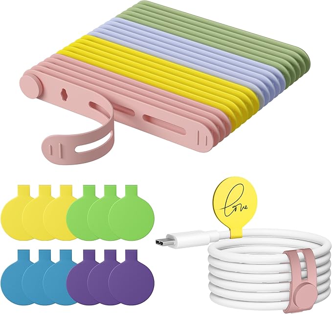 Nearockle 32Pcs Cable Management Set – 20 Silicone Ties + 12 Cord Labels, Multicolor