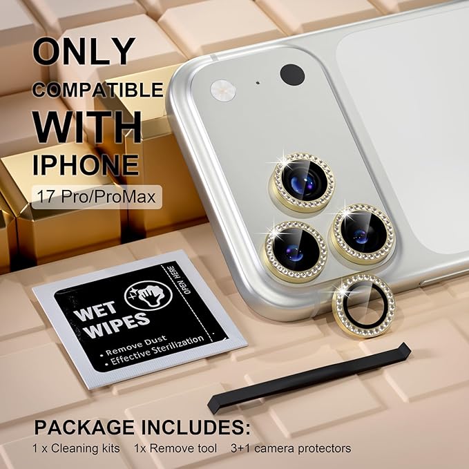 Misea Compatible for iPhone 17 Pro/iPhone 17 Pro Max Camera Lens Protector Bling, 9H Tempered Glass Camera Cover Screen Protector Metal Individual Ring Decoration Accessories, Gold Diamond