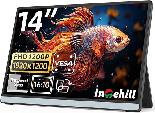 Intehill 14" Portable Monitor, WUXGA 1920x1200 Portable Screen with Full-Covered Tempered Glass, 16:10 USB-C HDMI External Display with Speakers & Stand, Travel Monitor Second Screen for Laptop, F14ZA