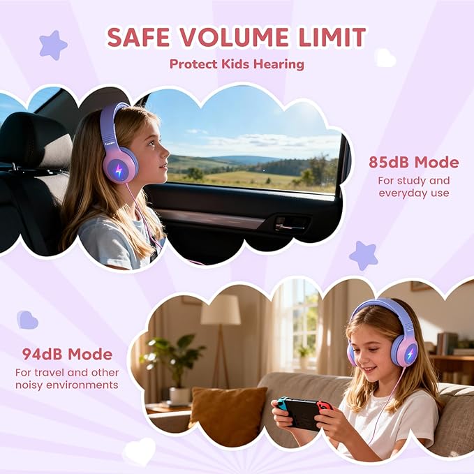 USB Type C Kids Headphones, Wired Headphones for Kids with Microphone/LED Lights, 85/94dB Volume Limit, Stereo Sound, Foldable Over-Ear USB-C Headphones for School/Travel/Tablet/iPad, Purple