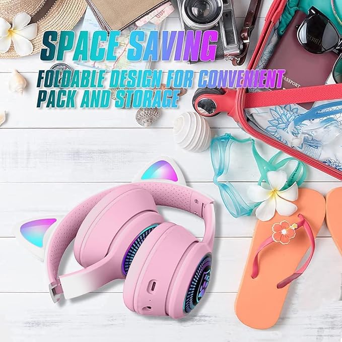 Cat Ear Gaming Bluetooth 5.2 Wireless Foldable Headphones with LED Light, Stereo Game Surround Sound Over-Ear Headsets with Microphone AUX for PC, Pad, Mobile, Laptop, Game, Kids, Gift