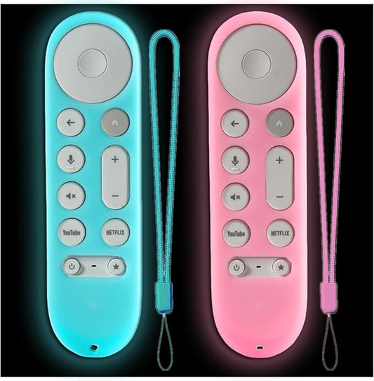 2Pack Remote Cover Compatible with Google Chromecast 4K 2024,Protective Case for Google TV Streamer 4K 2024 Voice Remote Glow Sky Blue&Glow Pink