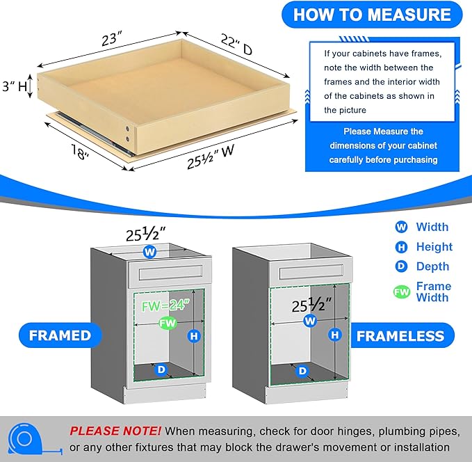 WelFurGeer Heavy-Duty Plywood Pull-Out Cabinet Drawers, 23" W x 22" D Pull Out Drawer for Cabinet, Smooth Slide-Out Shelves for Kitchen Cabinets, Durable Pullout Drawers for Home Kitchen Organization