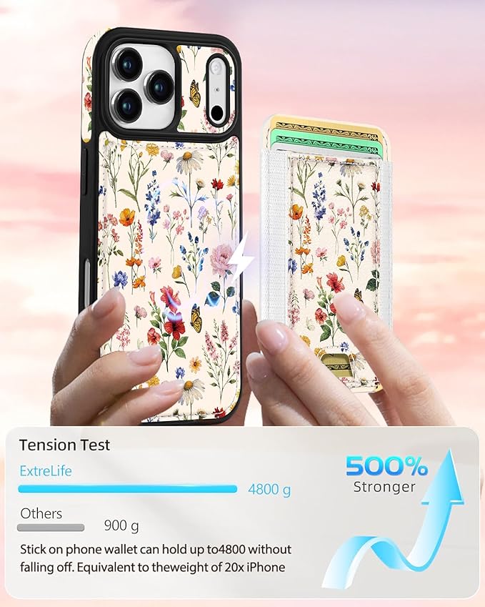 Shorogyt for iPhone 17 Pro Max Case Wallet - Fits 5 Cards, Compatible with Magsafe Detachable Magnetic Credit Card Holder Leather Cardholder Cute Phone Cover Women Girls for Apple 17 ProMax, Floral