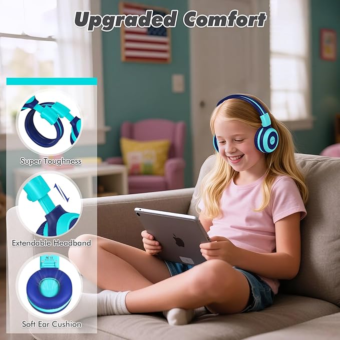 SIMOLIO Kids Bluetooth Headphones with Microphone and 75dB,85dB,94dB Volume Limit, Foldable Lightweight & Adjustable, Wireless Headphones for Kids Boys Girls Children Tablet iPad Blue