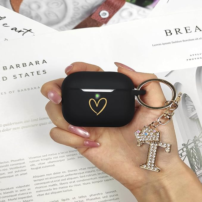 Compatible with AirPods Pro 3 Case Cover (2025), Soft Silicone Case with Gold Heart Pattern for AirPods Pro 3rd Generation Case with Rhinestone Studded Letter A-Z Keychain (T Black)