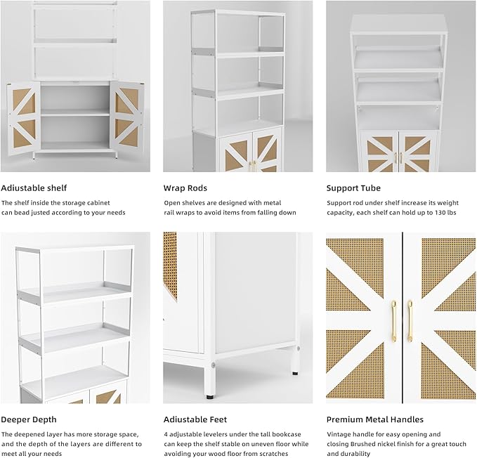 Kitchen Bakers Rack with Storage, 70.8'' Tall 5 Tier Farmhouse Pantry Cabinet with Rattan Doors, Industrial Kitchen Hutch with Large Microwave Storage Rack Freestanding Wine Cabinet Living Room, White