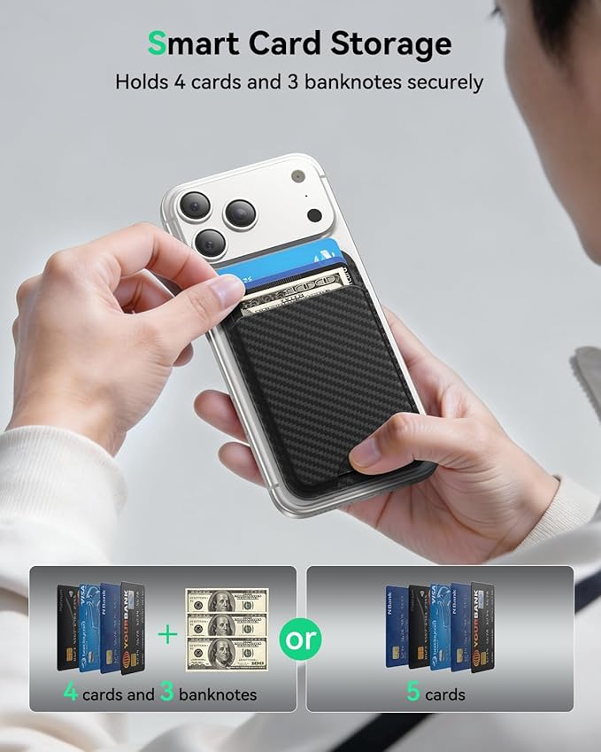 for MagSafe Wallet with Stand, 5 Card Holder, Slim Leather Magnetic Wallet for iPhone 17/16/15/14/13/12 Pro Max Plus Air Series, 3 Card Slots & 1 Cash Slot,Carbon Fiber