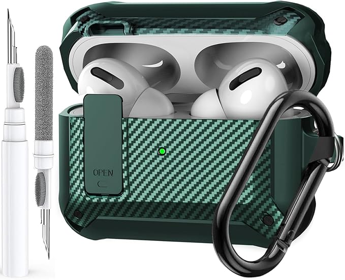 Airpods Pro 3 Case with Lock Clip, Rugged Apple Airpods Pro 3rd Generation Cover 2025 Men Women, Armor Shockproof iPod Pro3 Gen Protective Hard Shell with Carabiner&Cleaner kit,CF Black/Green