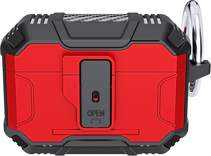 for AirPods Pro 3 Case, Secure Lock Magnetic Lid Cover with Keychain, Military Grade Shockproof Protective Case for Airpods Pro 3rd, Wireless Charging & Front LED Visible, Red Black02