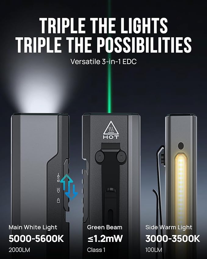 SCOUTLITE Vario GB 2000 EDC Flashlight with Green Beam, White and Warm LED Combo, 2000 Lumens Compact Magnetic Flat Pocket Lights, Triple Sources for Ourdoor Camping Inspection Emergency Work (Black)