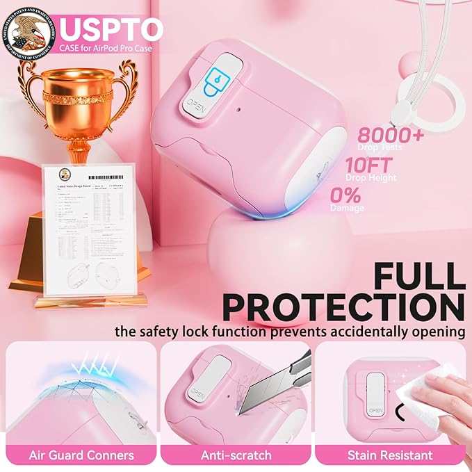 for AirPods Pro 2 Case with Safety Lock & Phone Stand, Auto Opening AirPods Pro Case Cover Compatible with Airpods Pro 2nd/1st Generation Cases for Women Girly with Cleaner,Lanyard, Drop Protective