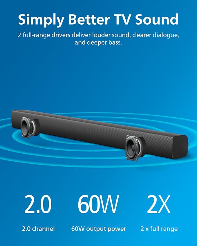 Philips B4208 2.0 Channel Bluetooth Soundbar - HDMI ARC, Roku TV Ready, 60W Max Power, Grey