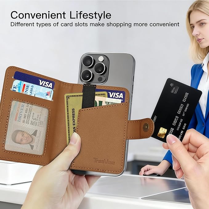 for MagSafe Wallet Magnetic Card Holder for MagSafe Phones and Cases,Strong Magnetic Wallet for iphone 12-17 Series,RFID Blocking Phone Wallets Hold 5 Cards,Strap Stand,Leather Brown