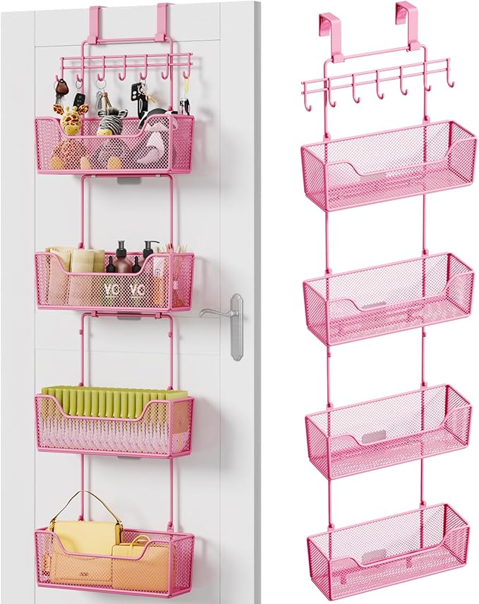 HapiRm Over Door Organizer Storage - Hanging Door Organizer with 4 Metal Large Capacity Baskets and Adjustable Coat Hook for Bathroom Bedroom Kitchen Pantry Closet Cabinet