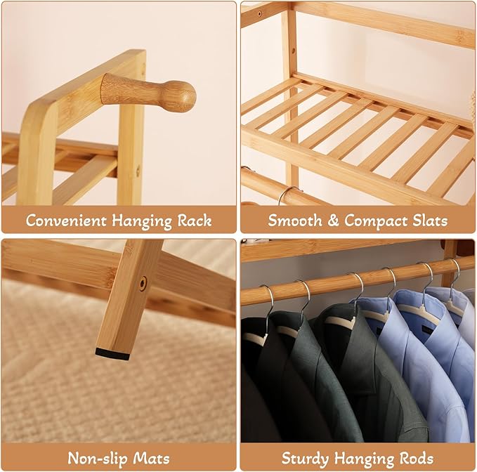 Bamboo Clothing Garment Rack 7 Tier Storage Shelf Coat Clothes Hanging Rack, Portable Wardrobe Closet Organizer With Top Shelf, Shoe Storage Shelves for Bedroom (Natural - 51.18 in)