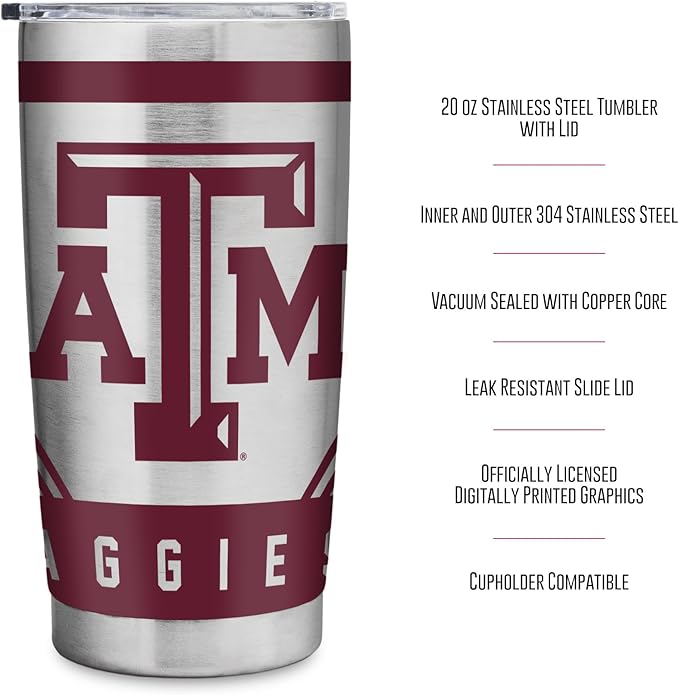 Rico Industries NCAA 20oz Stainless Steel Tumbler with Lid - Great For Coffee, Tea, Water or Cocktails