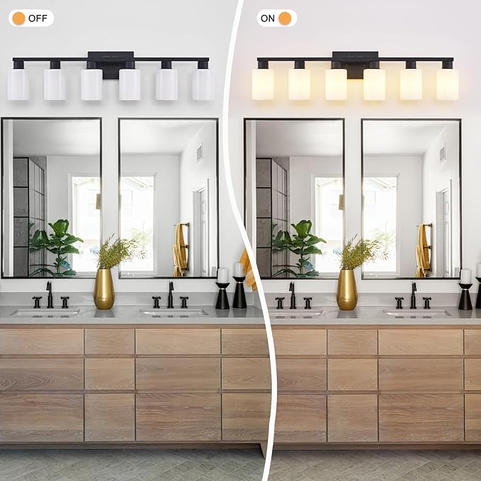 Black 6 Light Bathroom Vanity Light, Matte Black Vanity Lighting for Mirror, Rustic Bathroom Light Fixtures with Milky White Frosted Glass, Vanity Lights E26 Base Compatible