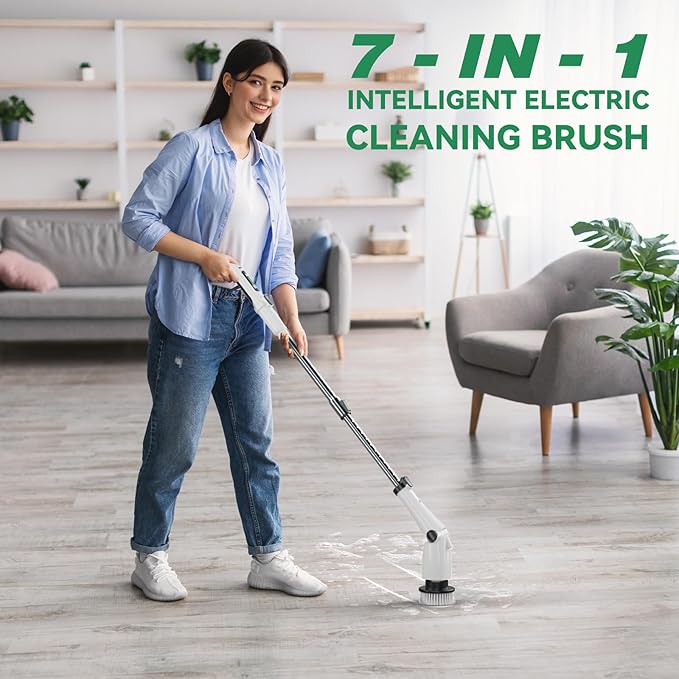 7.4V Electric Spin Scrubber Handheld Cordless Cleaning Brush Electric Cleaning Brush Kit with 7 Brush Heads, Adjustable Handle, 3 Speeds, Ideal for Home Kitchen Bathroom Wall Floor(White)