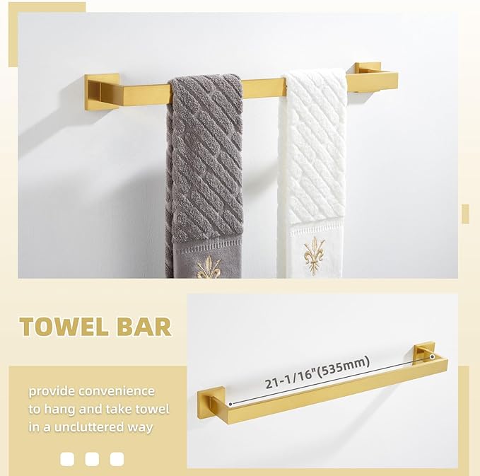 Bathroom Hardware Set 4-Piece, Angle Simple SUS304 Stainless Steel Bath Accessory Kit, Bathroom Fixture Set with Robe Hook, Toilet Paper Holder, Towel Holder and Towel Bar Brassy Gold
