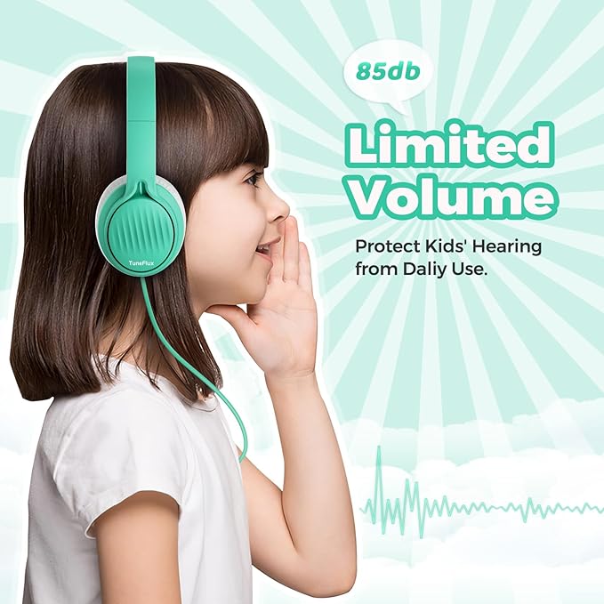 TuneFlux Upgraded Kids Headphones, Wired Toddler Headsets, 85dB Limited Volume On Ear Headphones, Portable Foldable Design, Stereo Sound Kids Headsets for School/Tablet/Travel-Green