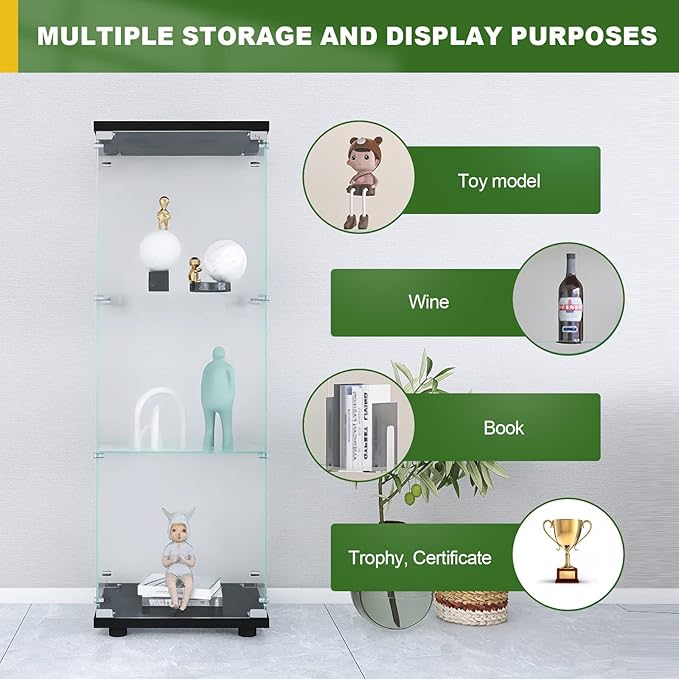 LFT HUIMEI2Y Glass Display Cabinet 3-Shelf with Door and Lock, Curio Cabinets Upgraded Quick-Install Style Tempered Glass Floor Standing Bookshelf for Bedroom, Living Room 49”x 17”x 14” Black