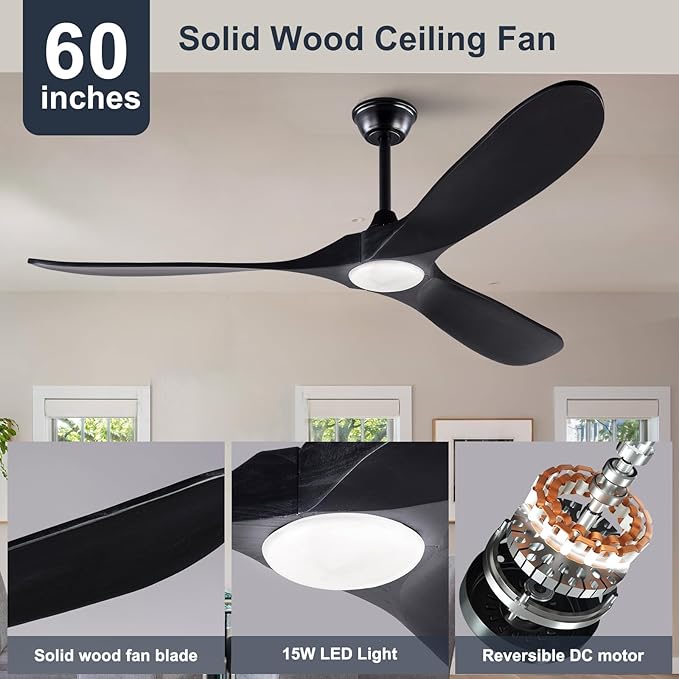 60 Inch Black Ceiling Fan with Lights and Remote, 3 Wood Fan Blades and Timer Setting, 60 Inch Modern Ceiling Fan with Quiet Reversible DC Motor Indoor Outdoor for Patios Living Room Bedroom