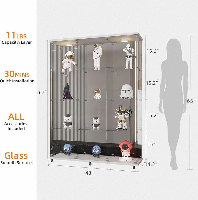 LFT HUIMEI2Y Glass Display Cabinet 12 Shelves with 3 Columns 2 Doors, LED Light and Lock, Extra Large Curio Cabinets Quick-Install Style Tempered Glass Bookshelf for Living Room, Kitchen White
