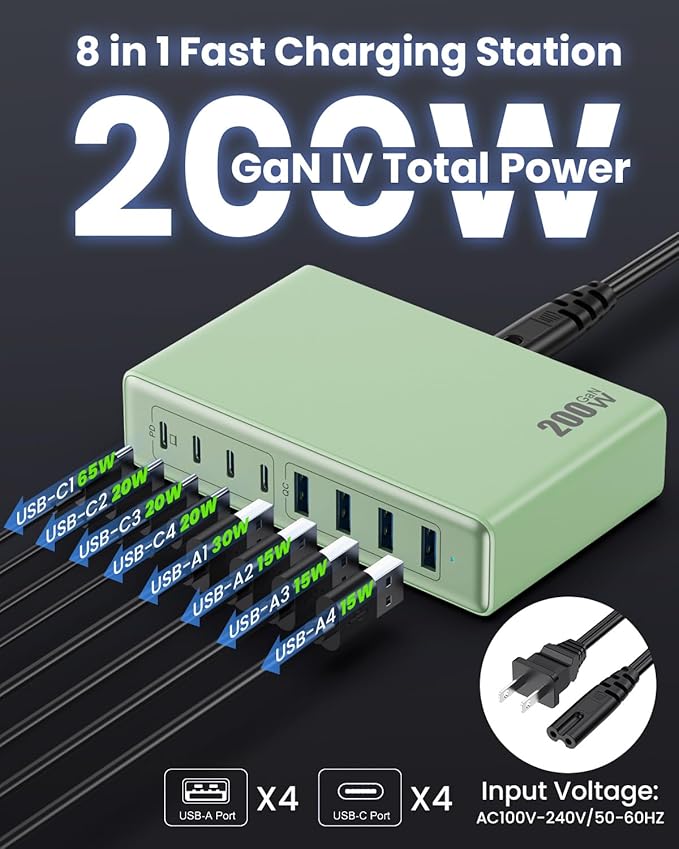 200W USB C Charger Block,GaN IV Charging Station 8 Ports,QC4.0 Fast Charging Station Hub+PD 65W USB C Laptop Charger Adapter Compatible with MacBook Air/Pro,DELL,iPhone 17/16/15,iPad,Steam Deck-Green