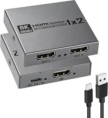 8K@60Hz HDMI 2.1 Splitter 1 in 2 Out, 8K HDMI Splitter 1 in 2 Out Display Duplicate/Mirror Screen, Supports Ultra HD 4K 3D, Compatible for Blu-Ray Player, TV Box, PS3, PS4, Xbox Etc（Can not Extend
