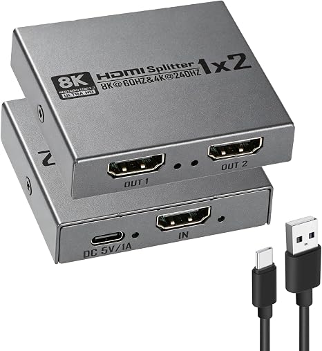 8K@60Hz HDMI 2.1 Splitter 1 in 2 Out, 8K HDMI Splitter 1 in 2 Out Display Duplicate/Mirror Screen, Supports Ultra HD 4K 3D, Compatible for Blu-Ray Player, TV Box, PS3, PS4, Xbox Etc（Can not Extend