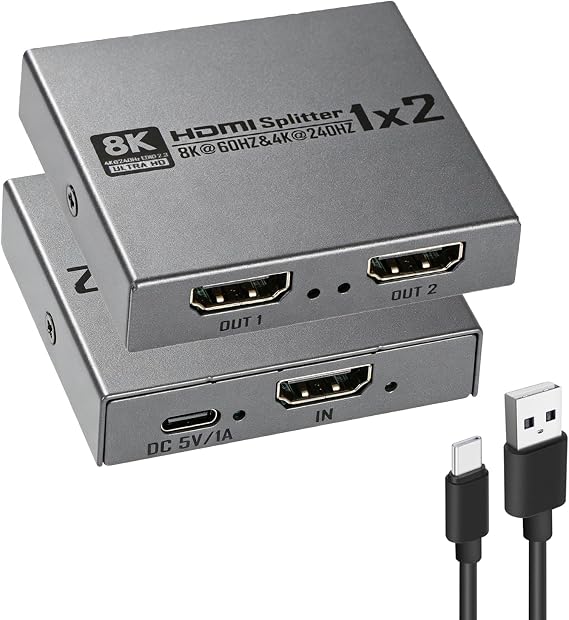 8K@60Hz HDMI 2.1 Splitter 1 in 2 Out, 8K HDMI Splitter 1 in 2 Out Display Duplicate/Mirror Screen, Supports Ultra HD 4K 3D, Compatible for Blu-Ray Player, TV Box, PS3, PS4, Xbox Etc（Can not Extend