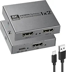 8K@60Hz HDMI 2.1 Splitter 1 in 2 Out, 8K HDMI Splitter 1 in 2 Out Display Duplicate/Mirror Screen, Supports Ultra HD 4K 3D, Compatible for Blu-Ray Player, TV Box, PS3, PS4, Xbox Etc（Can not Extend
