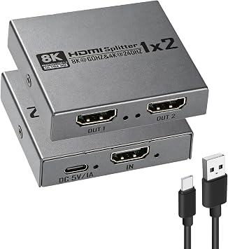 8K@60Hz HDMI 2.1 Splitter 1 in 2 Out, 8K HDMI Splitter 1 in 2 Out Display Duplicate/Mirror Screen, Supports Ultra HD 4K 3D, Compatible for Blu-Ray Player, TV Box, PS3, PS4, Xbox Etc（Can not Extend