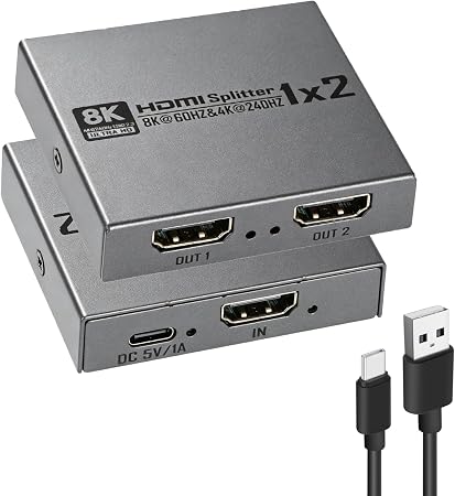 8K@60Hz HDMI 2.1 Splitter 1 in 2 Out, 8K HDMI Splitter 1 in 2 Out Display Duplicate/Mirror Screen, Supports Ultra HD 4K 3D, Compatible for Blu-Ray Player, TV Box, PS3, PS4, Xbox Etc（Can not Extend