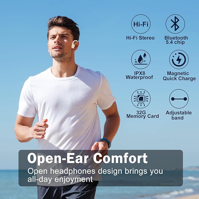 Swimming Headphones-Bone Conduction Headphones, IP68 Waterproof Open Earphones, LiteSurge Bluetooth 5.4 Underwater Sport Earbuds with 32 GB MP3 Memory for Swimming, Marathon-Khaki