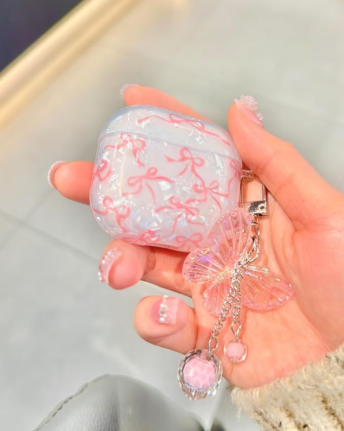 Compatible with AirPods 4 Case Cute, Shell Pattern Shockproof Protective Cover for Girls Women with Butterfly Keychain Designed for AirPod 4th Generation, Pink Bow