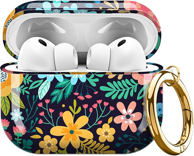 AirPod Pro 3 (2025) Case Cover for Women, Cute Shockproof TPU Protective Case with Gold Round Buckle, Anti-Drop Design Bright Flowers