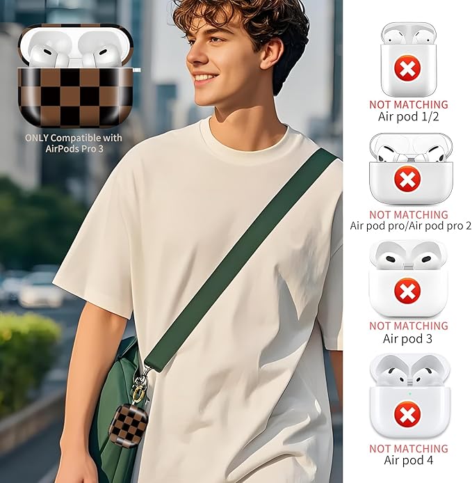 Compatible with AirPods Pro 3rd Generation 2025 Case Cover with Gold Keychain - Cute Protective Hard AirPod Pro 3 Cases for Women - Brown Black Checkered