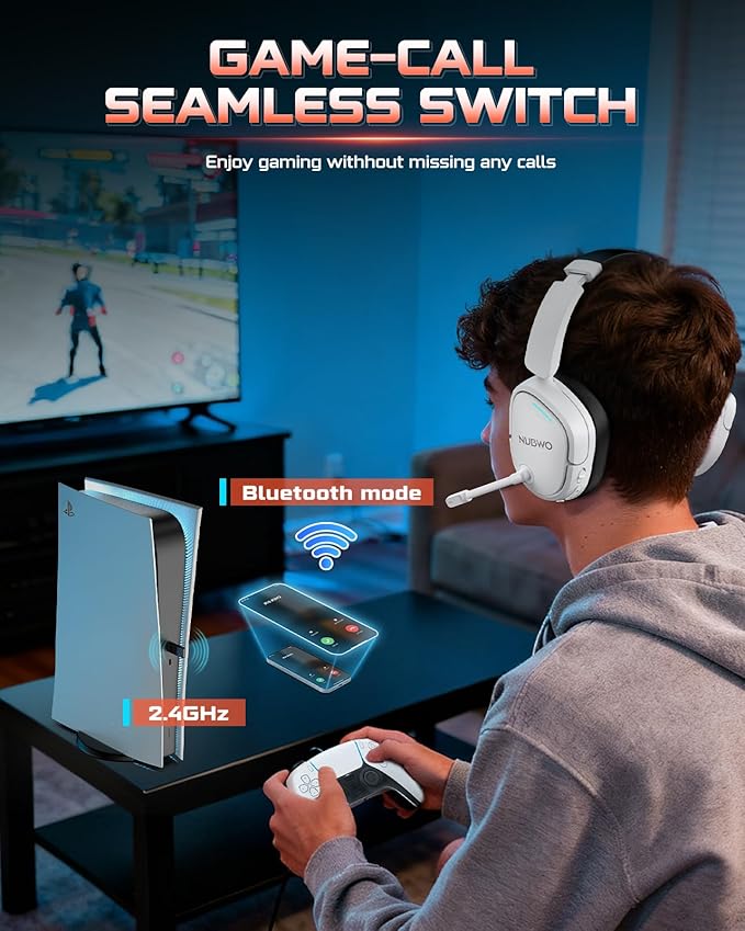NUBWO Wireless Gaming Headset for PC, PS5, PS4, Connect to Game & Phone Simultaneously (2.4GHz + Bluetooth), 3 EQ Modes, 50H Battery, PS5 Headset with Mic, Lightweight Foldable Headphones White/Black