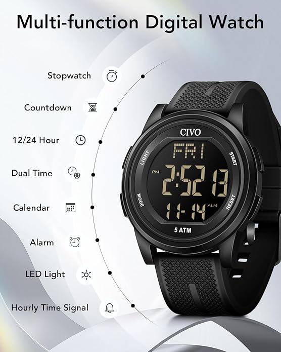 CIVO Digital Watches for Men Women: Sports Waterproof Wristwatch with Stopwatch Alarm Date - LED Backlight Big Numbers Silicone Watch for Outdoor Camping Running Cycling