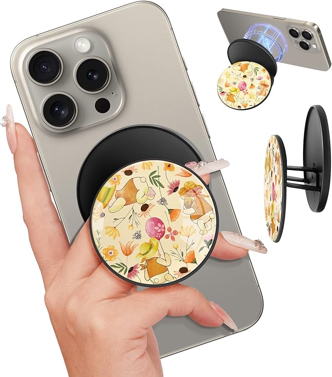 Kidcube Magnetic Phone Grip Compatible with Magsafe - Cell Phone Grip Stand Magnetic Ring Holder Finger Kickstand for iPhone 17 16 15 14 13 12 Series Magnet Removable Accessories Cute Cartoon Bear