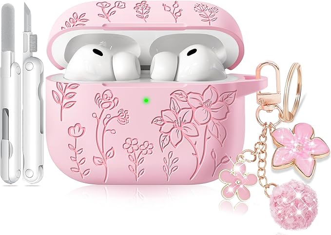 for AirPods Pro 3 Case Pink, Flower Engraved Case Cover Compatible with AirPods Pro 3rd Generation 2025, Soft Silicone Cases with Keychain & Cleaner for Women Girly, Shockproof, Anti-Scratch