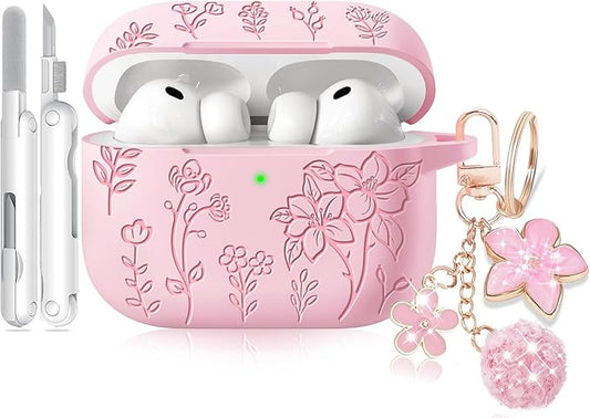 for AirPods Pro 3 Case Pink, Flower Engraved Case Cover Compatible with AirPods Pro 3rd Generation 2025, Soft Silicone Cases with Keychain & Cleaner for Women Girly, Shockproof, Anti-Scratch